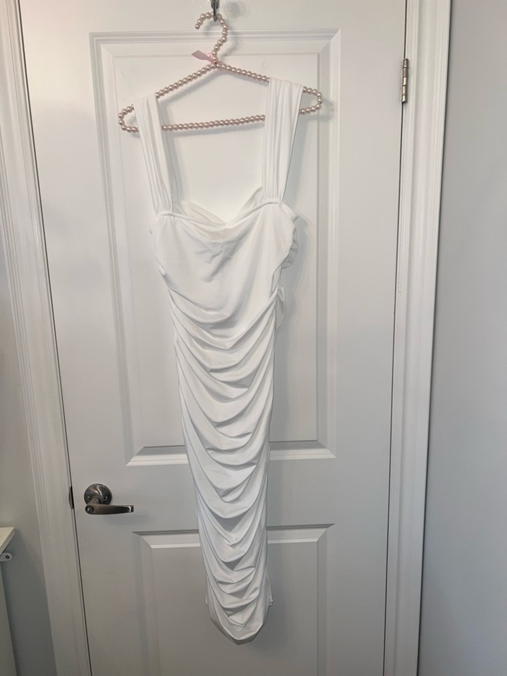 White Ruched Midi Dress with Knot Front - Picture 3 of 4